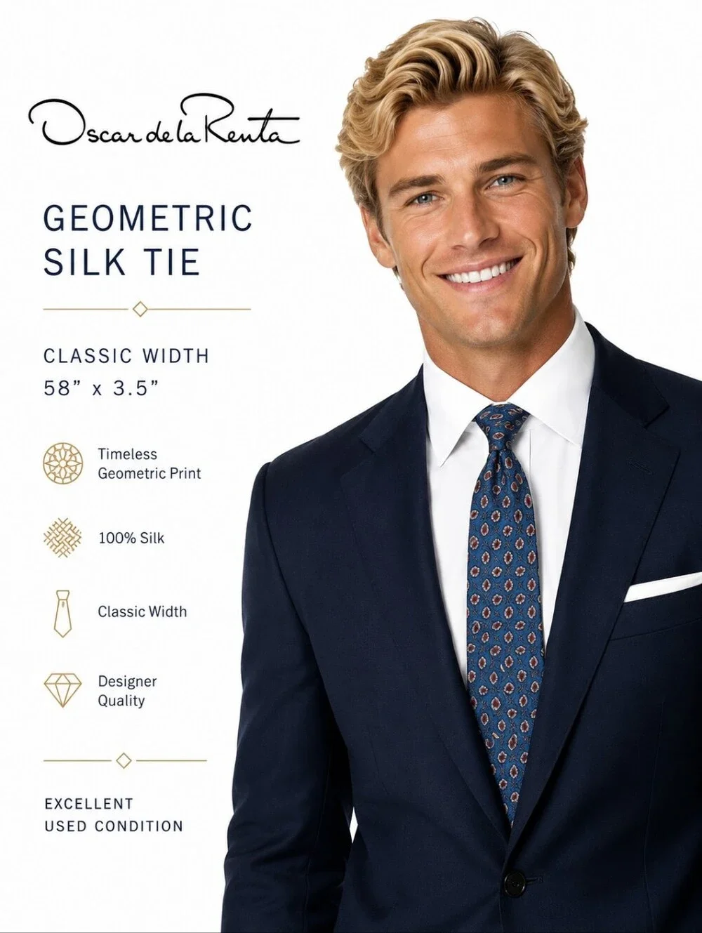 Oscar de la Renta Men’s Blue Geometric Pattern Silk Tie